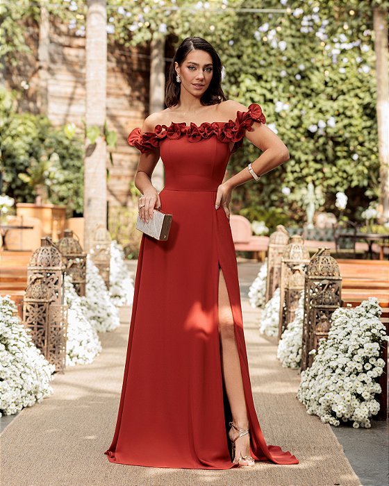 VESTIDO DE FESTA TAMIRES LONGO FLOWERS - TERRACOTA