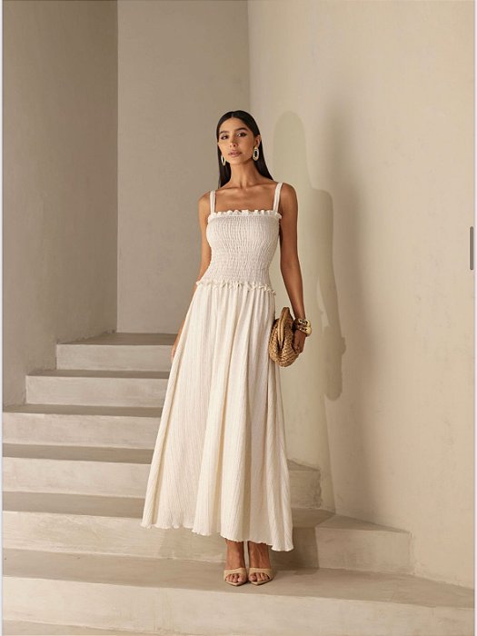 VESTIDO BRUNA LONGUETE LASTEX - NATURAL