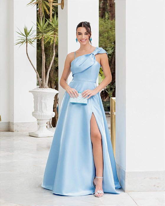 VESTIDO LONDRES ZIBELINE GLOW LAÇO OMBRO - AZUL SERENITY