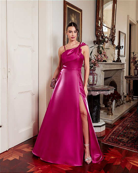 VESTIDO LONDRES ZIBELINE GLOW LAÇO OMBRO - FÚCSIA