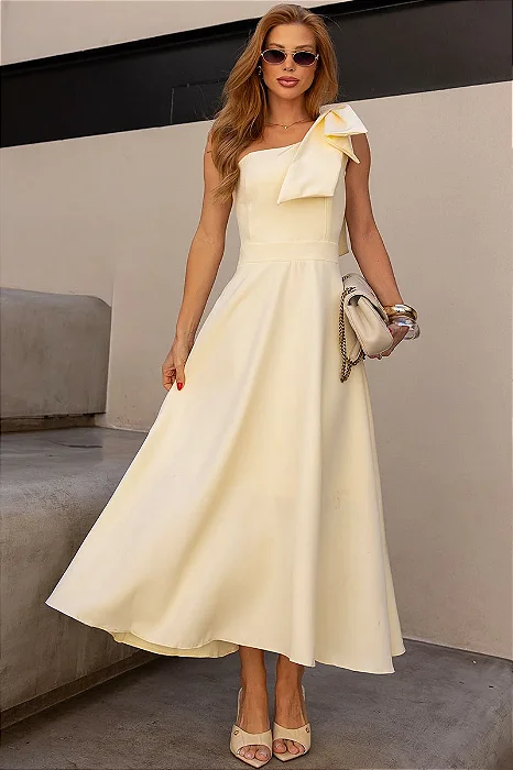 VESTIDO GLÁUCIA UM OMBRO COM LAÇO - AMARELO