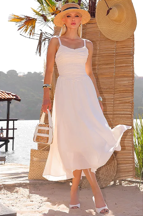 VESTIDO CRISTINA MIDI CREPE COM FRANZIDO BUSTO - BEGE