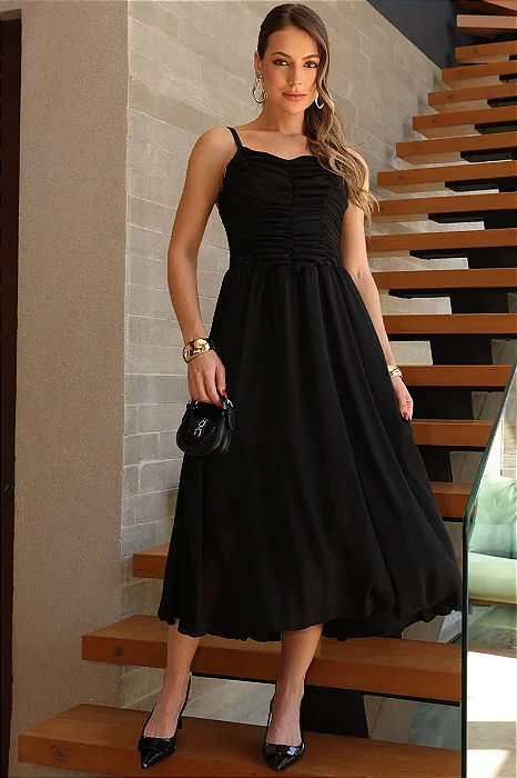 VESTIDO CRISTINA MIDI CREPE COM FRANZIDO BUSTO - PRETO