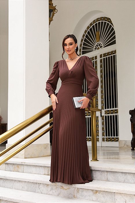VESTIDO DE FESTA GIOVANA CREPE MUSSELINE DETALHE PLISSADO - MARROM