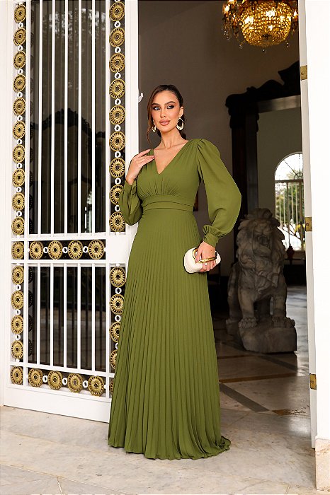 VESTIDO DE FESTA GIOVANA CREPE MUSSELINE DETALHE PLISSADO - VERDE OLIVA