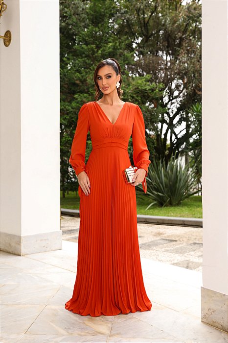 VESTIDO DE FESTA GIOVANA CREPE MUSSELINE DETALHE PLISSADO - TERRACOTA