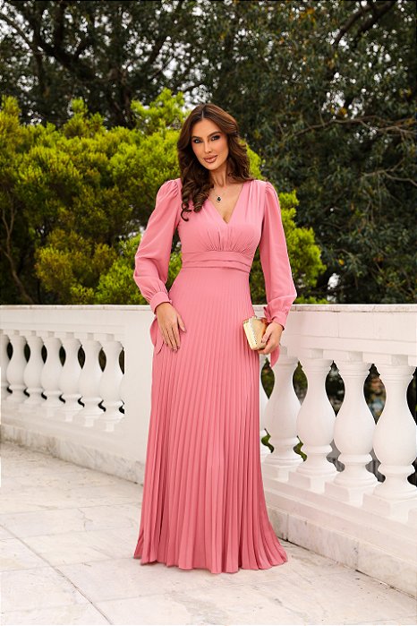 VESTIDO DE FESTA GIOVANA CREPE MUSSELINE DETALHE PLISSADO - ROSÉ