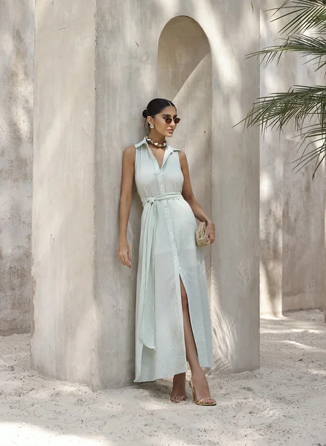 VESTIDO CHEMISE COM FAIXA LISTRAS - VERDE