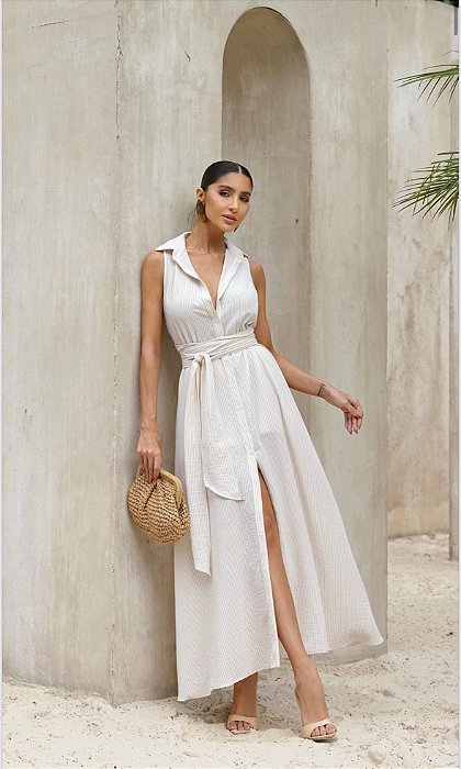 VESTIDO CHEMISE COM FAIXA LISTRAS - BEGE