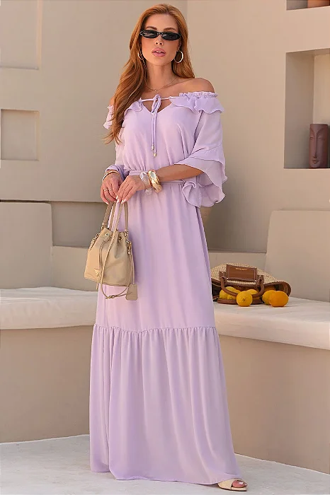VESTIDO LONGO LILIAN CREPE COM FAIXA - LILÁS