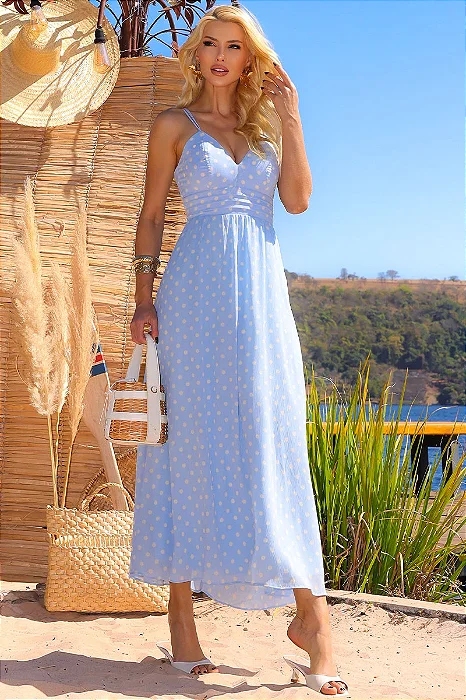 VESTIDO SALETE LONGO POÁ ZÍPER COSTAS - AZUL