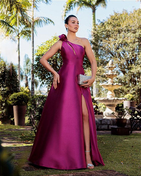 VESTIDO DE FESTA PALOMA ZIBELINE UM OMBRO - FÚCSIA