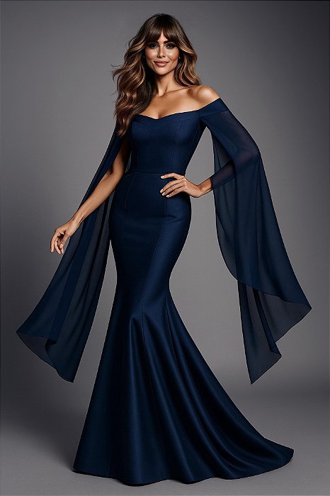 VESTIDO LONGO MERMAID CAPE GLAMOUR - AZUL NOITE