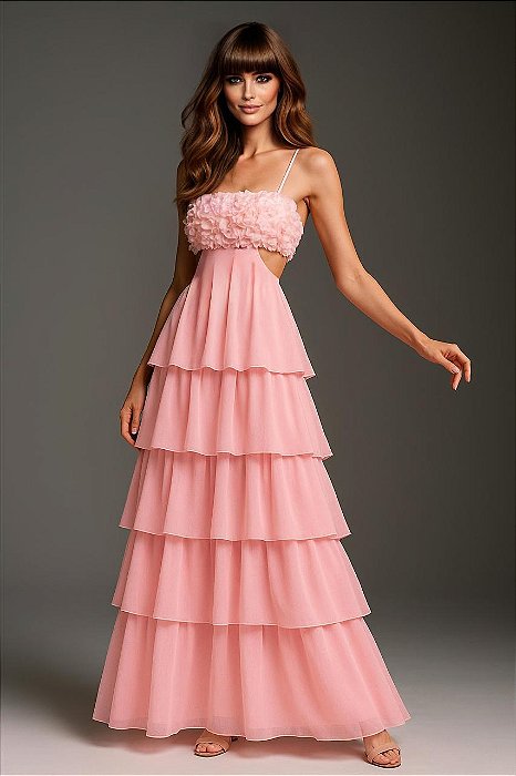 VESTIDO LONGO CAMADAS FLOWER ÉDEN - ROSA