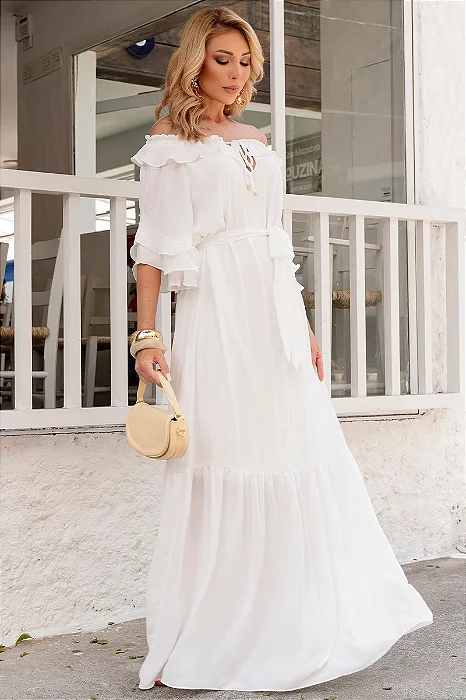 VESTIDO LONGO LILIAN CREPE COM FAIXA - OFF WHITE