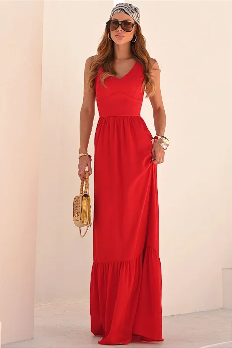 VESTIDO ELIZETE CREPE LONGO COM DECOTE V -  VERMELHO