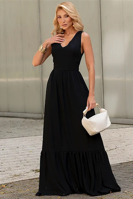VESTIDO ELIZETE CREPE LONGO COM DECOTE V - PRETO