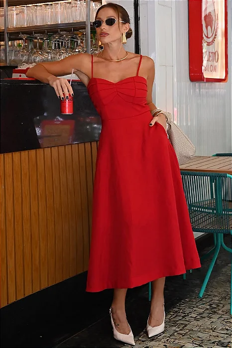 VESTIDO DAMARES ALÇAS FINAS PREGAS BUSTO - VERMELHO