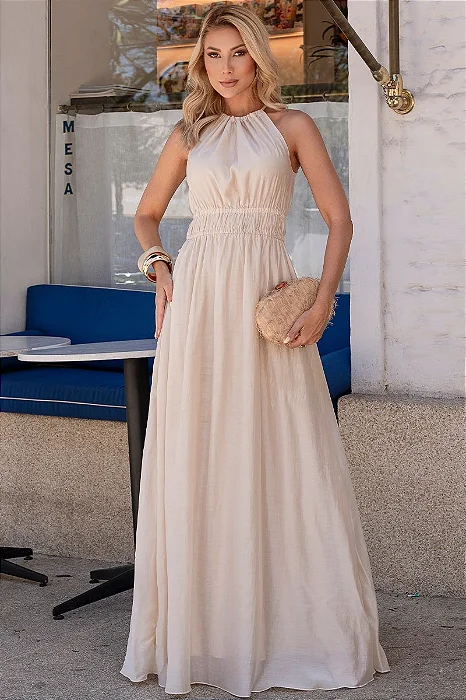 VESTIDO MICAELA LONGO COM FRANZIDO CINTURA - BEGE