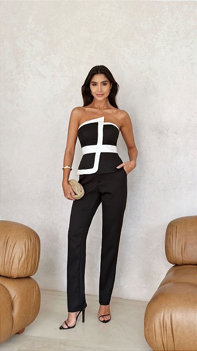 CONJUNTO BRUXELAS ALFAIATARIA CROPPED T.Q.C. BICOLOR - PRETO