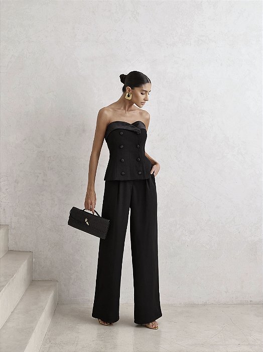 CONJUNTO ALFAIATARIA CROPPED T.Q.C E CALÇA BOTÕES - PRETO