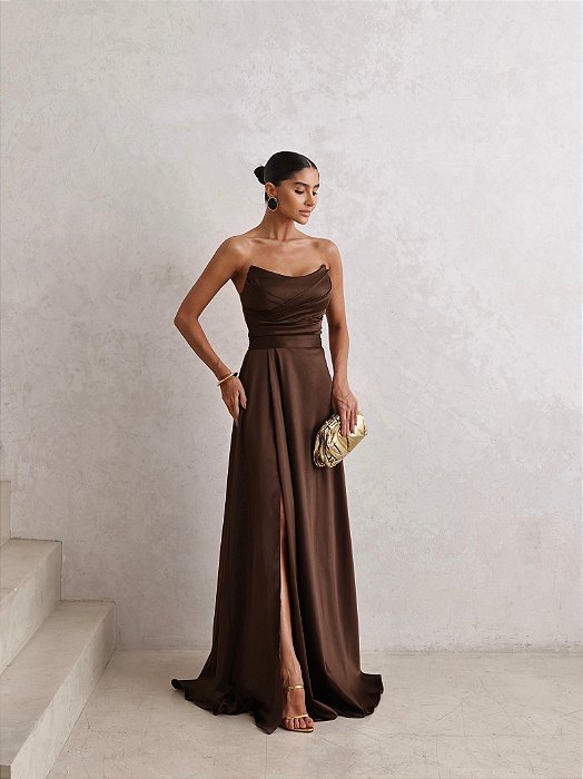 VESTIDO DE FESTA CINTIA T.Q.C LONGO FENDA - MARROM