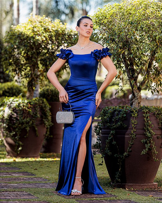 VESTIDO DE FESTA SABRINA CREPE ACETINADO FENDA - AZUL ROYAL