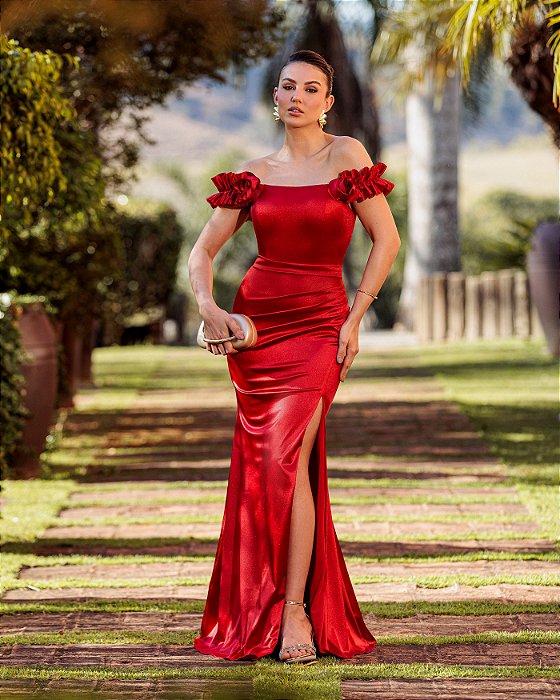 VESTIDO DE FESTA SABRINA CREPE ACETINADO FENDA - VERMELHO
