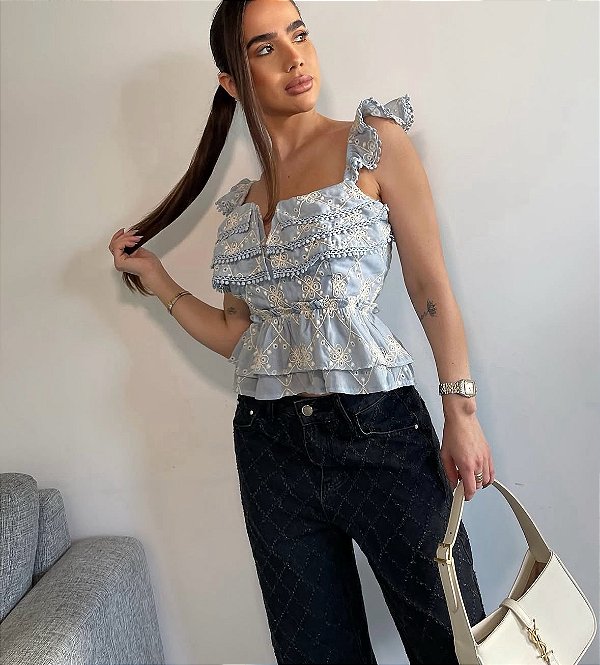 CROPPED GISELE LAISE MANGA BABADO - AZUL
