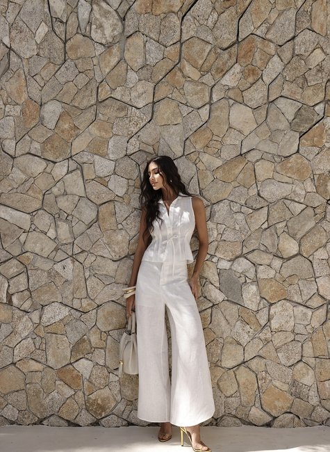 CONJUNTO MAYA CALÇA E CAMISA LINHO DETALHE PREGAS - OFF WHITE