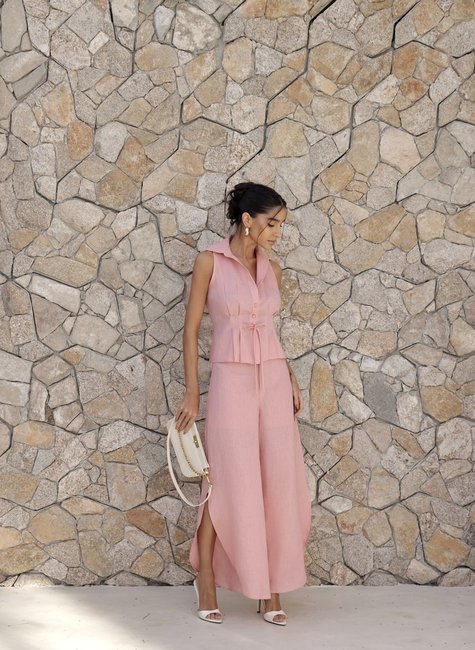 CONJUNTO MAYA CALÇA E CAMISA LINHO DETALHE PREGAS - ROSA CLARO