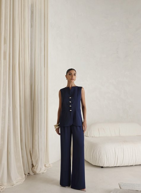 CONJUNTO ALESSANDRA ALFAIATARIA COLETE BOTÕES BICOLOR - AZUL MARINHO