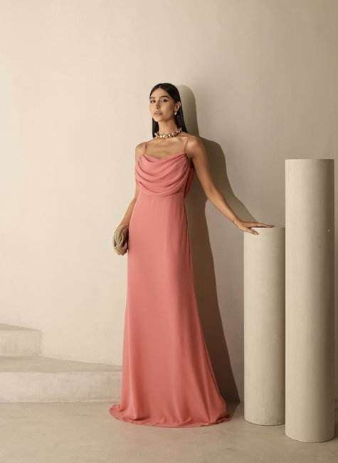 VESTIDO YOLANDA LONGO DRAPEADO BUSTO E COSTAS - ROSA PÓ