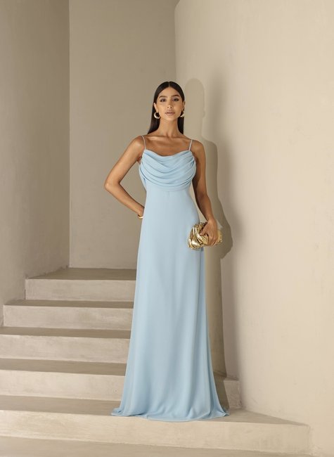 VESTIDO YOLANDA LONGO DRAPEADO BUSTO E COSTAS - AZUL SERENITY