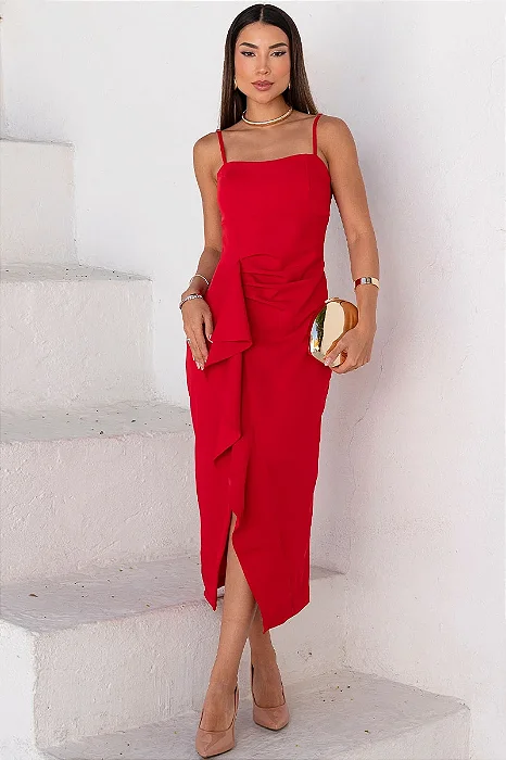 VESTIDO ANGÉLICA PREGAS FRENTE - VERMELHO