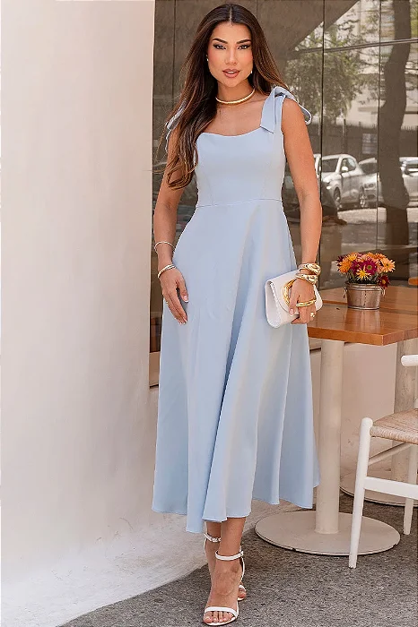 VESTIDO KATIA LONGUETE COM ALÇA E LAÇOS - AZUL CLARO