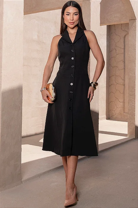 VESTIDO FLAVIANA MIDI ABERTO COM BOTÃO E BOSLOS - PRETO