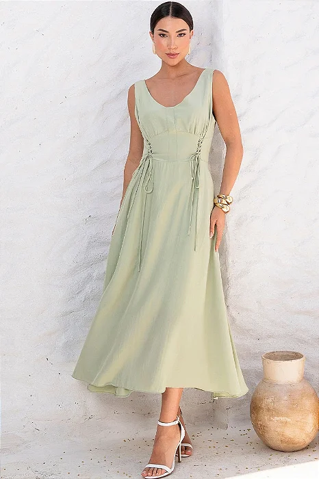 VESTIDO ARLETE MIDI COM DETALHE AMARRAÇÃO E BOTÃO - VERDE