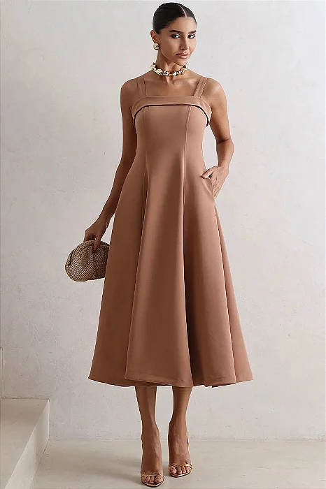 VESTIDO TEODORA COM ALÇA E BOLSOS - MARROM