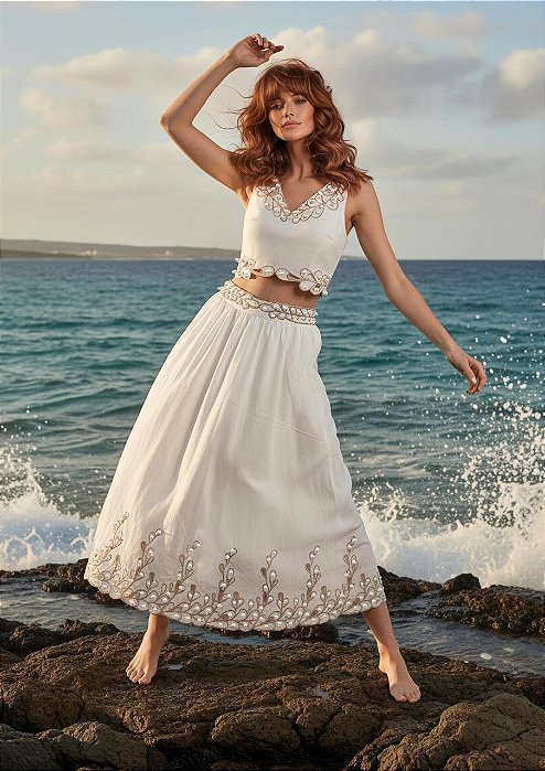 CONJUNTO CROPPED E SAIA MIDI PÉROLAS MYSTIC - OFF WHITE