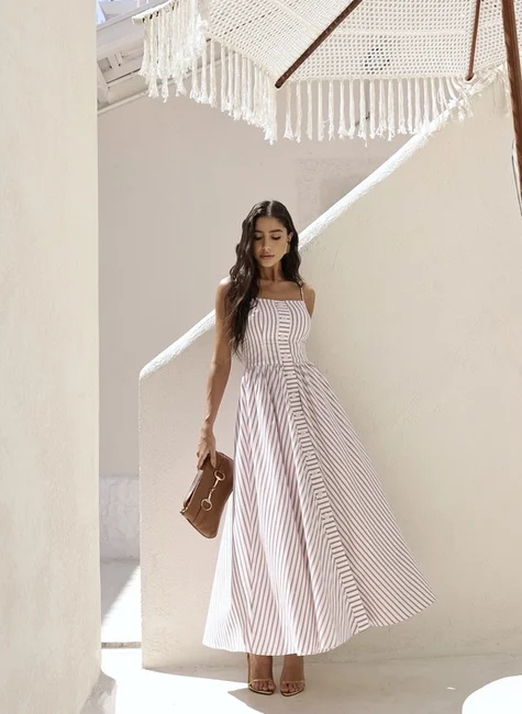 VESTIDO LONGUETE LISTRADO BOTÕES FRONTAIS - DOCE DE LEITE
