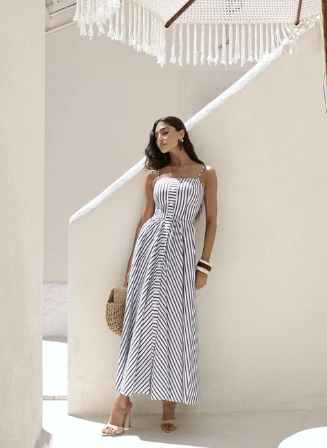 VESTIDO LONGUETE LISTRADO BOTÕES FRONTAIS - AZUL MARINHO