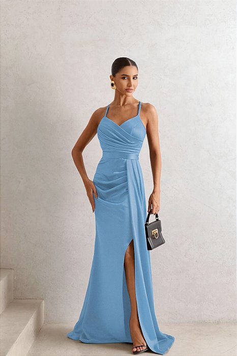 VESTIDO DE FESTA EMILY DRAPEADO BUSTO - AZUL SERENITY