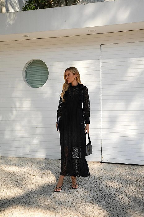 VESTIDO ML MIDI RENDA BABADO MYSTIC - PRETO