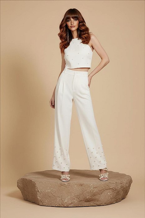 CONJUNTO CROPPED E PANTALONA ALFAIATARIA PÉROLAS MYSTIC - OFF WHITE