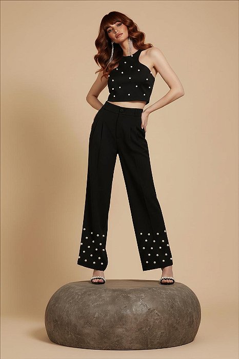 CONJUNTO CROPPED E PANTALONA ALFAIATARIA PÉROLAS MYSTIC - PRETO