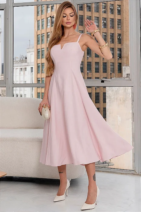 VESTIDO CAROL DECOTE V COM ALÇAS - ROSA CLARO