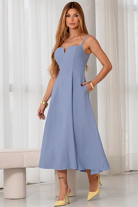 VESTIDO CAROL DECOTE V COM ALÇAS - AZUL