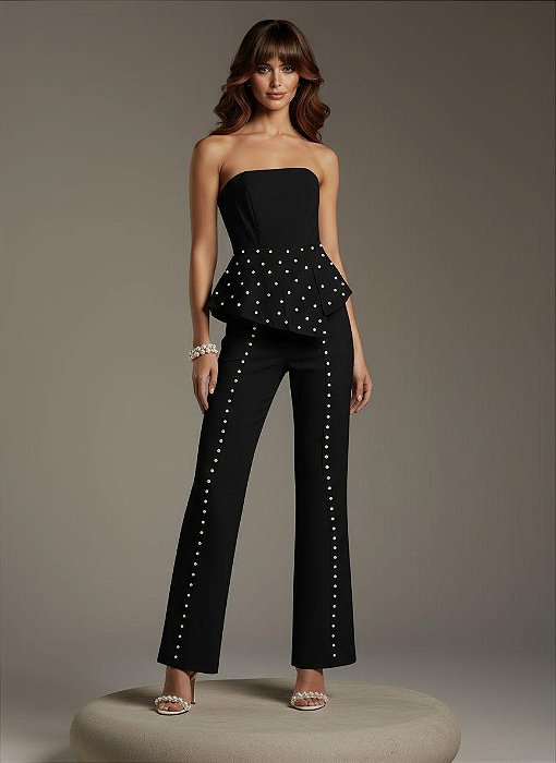 CONJUNTO CROPEED TQC E PANTALONA PÉROLAS GOLDEN WHISPER - PRETO