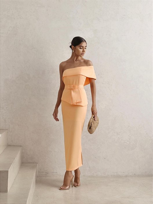 VESTIDO ESPANHA LONGUETE UM OMBRO COM CINTO - SALMÃO